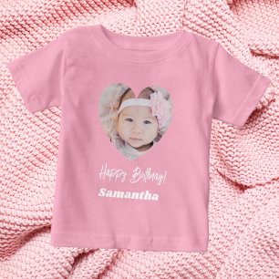 T-shirt Pour Bébé Photo cœur nom anniversaire fille rose