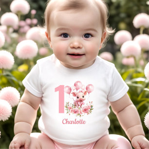 T-shirt Pour Bébé Pink Cute Pig Farm 1er Anniversaire Nom Bébé Fille