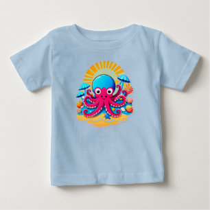 T-shirt Pour Bébé Poulpe de dessin animé mignon sur une plage ensole