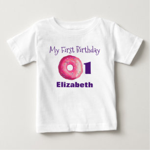 T-shirt Pour Bébé Premier Anniversaire De Donut Rose Avec Des Sauces