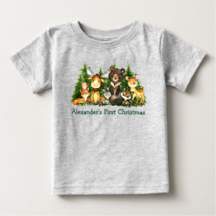 T-shirt Pour Bébé Premières Noël Forêt Boisée Animaux Gris