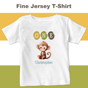 T-shirt Pour Bébé Singe 1er anniversaire un avec le nom bleu
