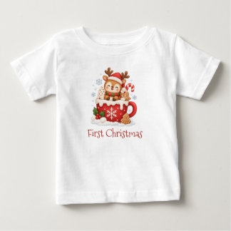 T-shirt Pour Bébé T-shirt bébé premier Noël Renne dans une tasse