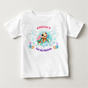 T-shirt Pour Bébé Tortue de mer mignonne fille colorée 1er anniversa