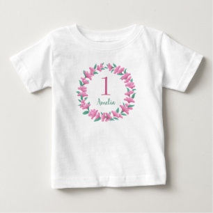 T-shirt Pour Bébé Un an Anniversaire Fille Rose Floral Wreath Baby 
