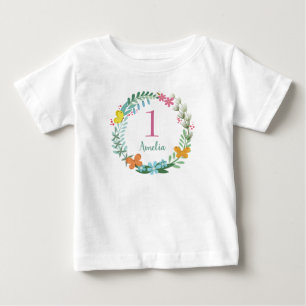 T-shirt Pour Bébé Un Anniversaire Papillon coloré fleuri Wreath