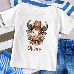 T-shirt Pour Bébé Vache florale mignonne portant un chapeau de cowbo