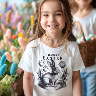 T-shirt Pour Bébé Vintage Joyeux lapin de Pâques avec Tulipes Encre