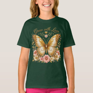 T-shirt pour enfants à motif papillon floral doré 