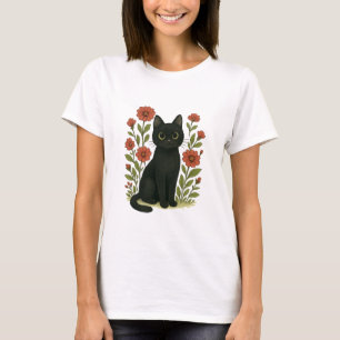 T-shirt pour femme avec chat noir mignon et jardin