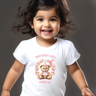 T-shirt Pour Les Tous Petits Anniversaire Fille rose mignonne Ours Nom floral