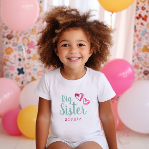 T-shirt Pour Les Tous Petits Aquarelle rose Coeurs Grande Soeur Nom Monogramme