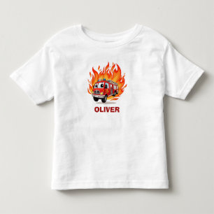 T-shirt Pour Les Tous Petits Camion de pompiers enjoué avec des flammes personn
