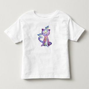 T-shirt Pour Les Tous Petits Chat mignon blanc violet avec oiseaux