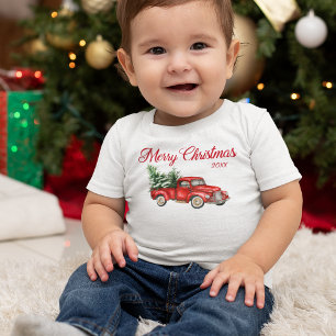 T-shirt Pour Les Tous Petits Joyeux Noël Aquarelle Vintage Année Camion rouge
