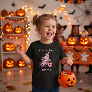 T-shirt Pour Les Tous Petits Trick or Treat Vintage Fantôme Rose Nom Personnali