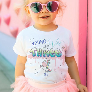 T-shirt Pour Les Tous Petits Young Wild TROIS Unicorn Nom personnalisé 3e anniv