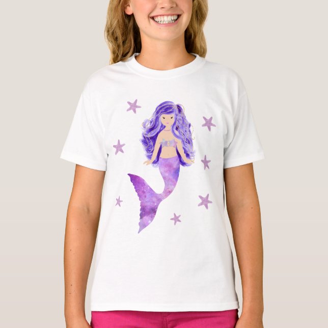 T-shirt pourpre d'étoiles de mer de sirène (Devant)