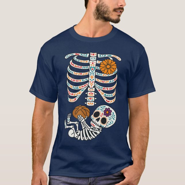T-shirt Pregnancy Maternity Skeleton with Dia de Muertos G (Devant)