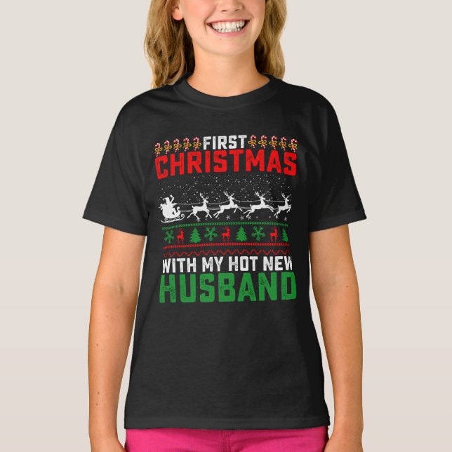 T-shirt Premier Noël Avec Mon Chaud Nouveau Mari Vilain (Devant)