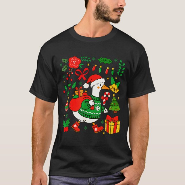 T-shirt Preppy Christmas Santa Gooses Bow Xmas Tree Funny  (Devant)