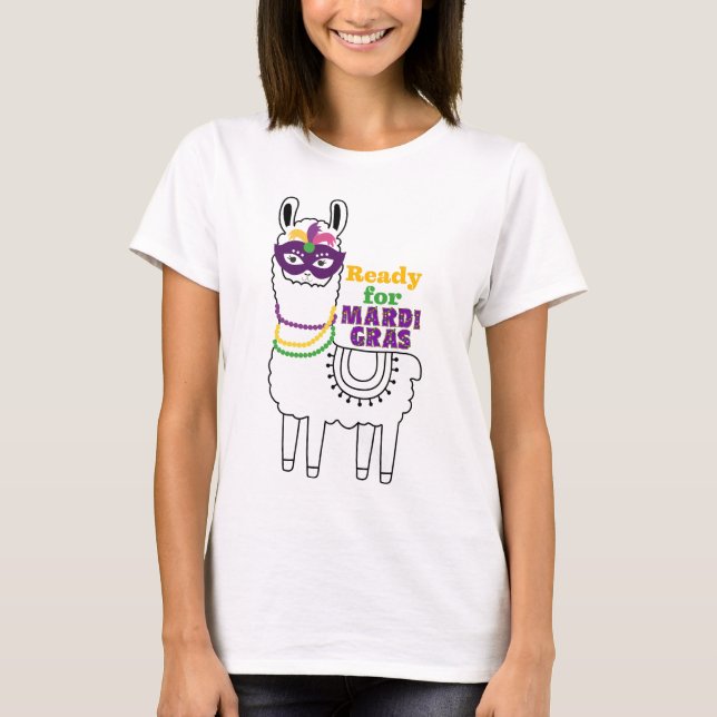 T-shirt Prêt pour Mardi Gras mignon masque perles en lama (Devant)