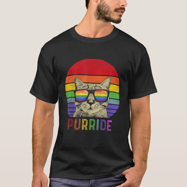 T-shirt Pride Chat Purride Gay LGBTQ Rainbow Drapeau Rétro (Devant)