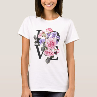 T-shirt print with the phrase love decorated with flowers