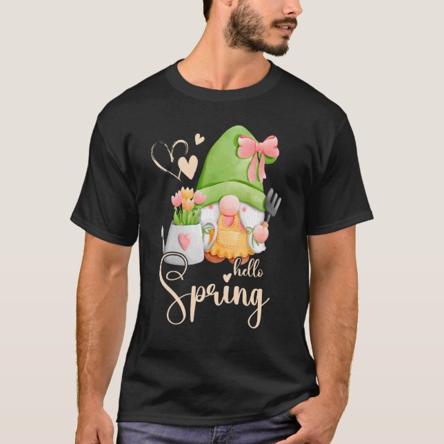 T-shirt Printemps, gnome avec fleurs, soin des fleurs, fle (Devant)