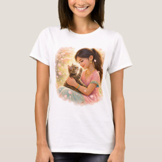 T-shirt Printemps indien - Fille avec un chaton dans le ja