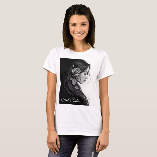 T-shirt Profil féminin artistique avec rose en monochrome (Devant entier)