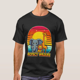 T-shirt Protéger La Girafe Et L'Éléphant De Lion Sur Rétr