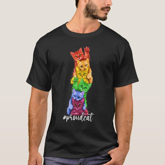 T-shirt Proud Cat Stack Rainbow Gay Pride Lgbt Animals Kit (Devant)