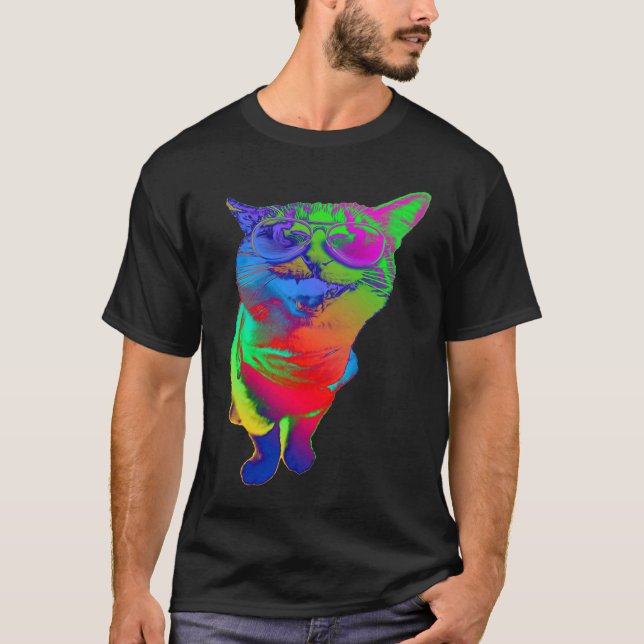 T-shirt Psychedelic Cat Sunglasses Trippy Psytrance Cat Co (Devant)