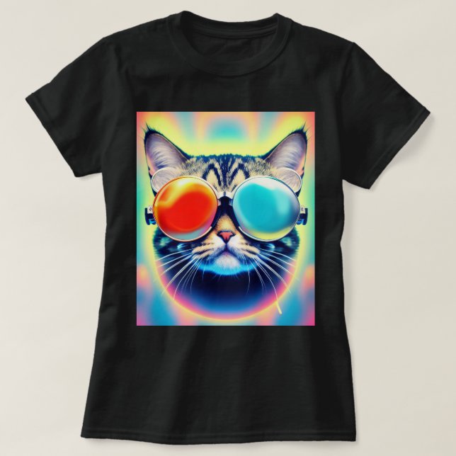 T-shirt Psychédélique folle Psychédélique Kitty Chat Blanc (Design devant)