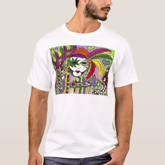 T-shirt Psychédélique Mardi Gras Plumes Masques Cadeaux Vê (Devant)
