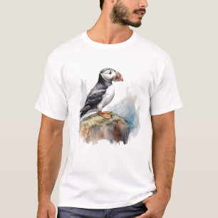 T-shirt Puffin sur une aquarelle rocheuse