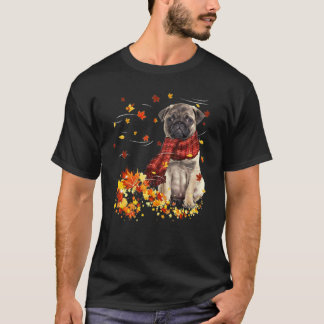 T-shirt Pug Chien Écharpe d'Automne Feuilles qui Tombent