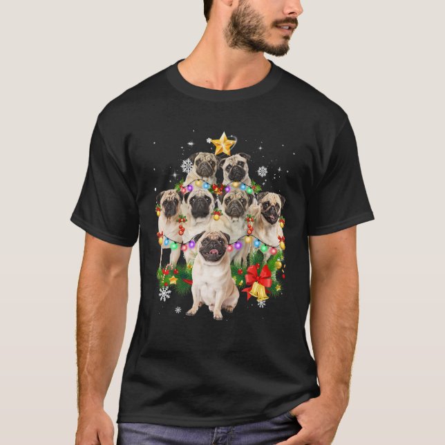 T-shirt Pug Christmas Dog Tree Lights Pajamas Family (Devant)