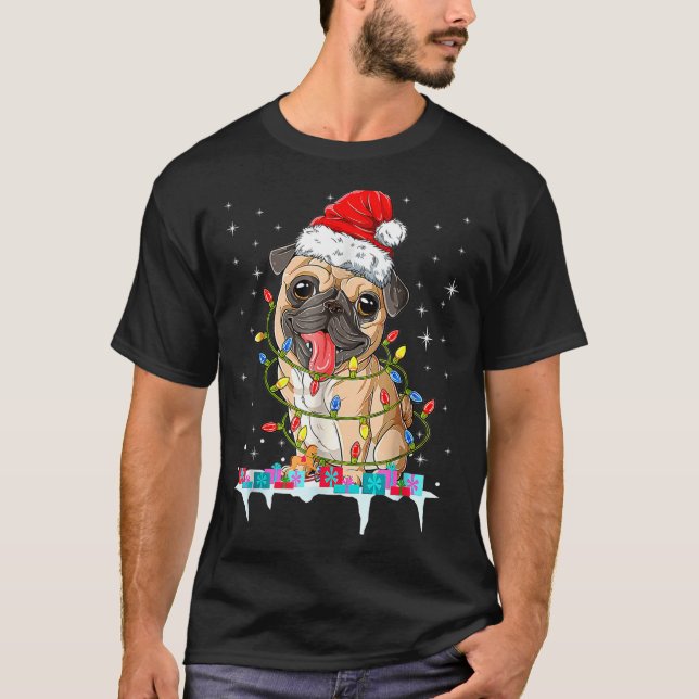 T-shirt Pug Christmas Tree Lights Santa Dog Xmas  (Devant)