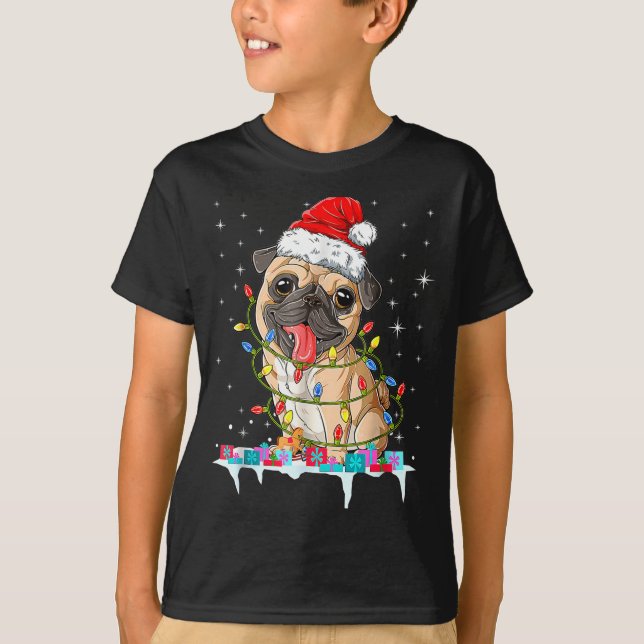 T-shirt Pug Christmas Tree Lights Santa Dog Xmas  (Devant)