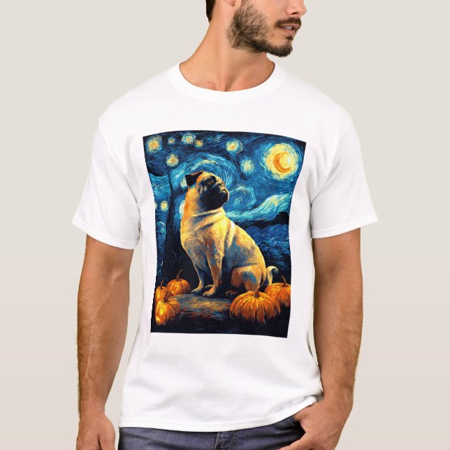 T-shirt Pug dog of van gogh starry night halloween Funny J (Devant)