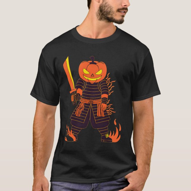 T-shirt 🔥 Pumpkin Samurai – Fiery Halloween Warrior Tee  (Devant)