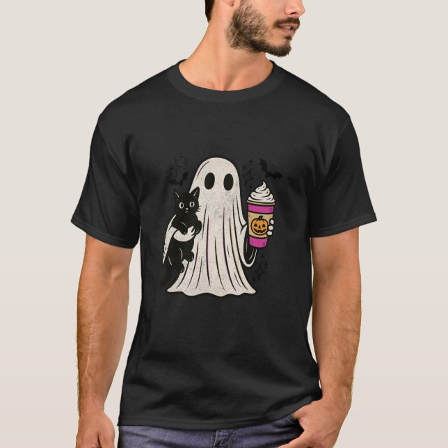 T-shirt Pumpkin Spice Latte Ghost Holding Black Cat Hallow (Devant)