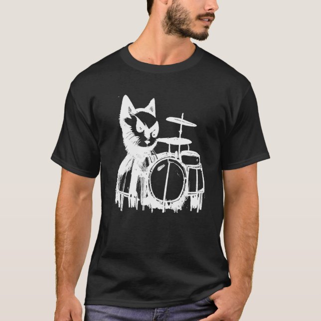 T-shirt Punk Cat Playing Drums (Devant)