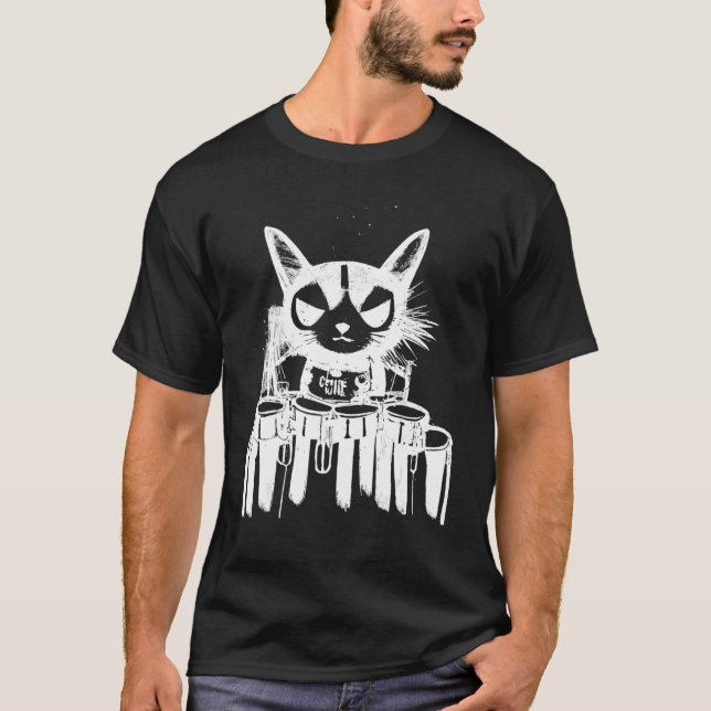 T-shirt Punk Cat Playing Drums Art (Devant)