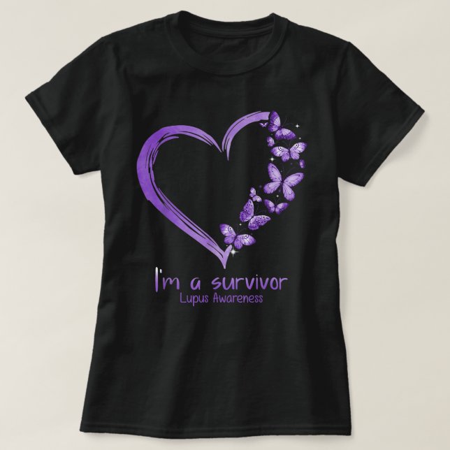T-shirt Purple Butterfly Heart Je suis un survivant Lupus  (Design devant)
