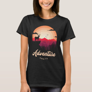 T-shirt Purple Sunset Mountain Deer Forest Aventure Attent