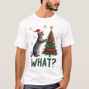 T-shirt Quel chat drôle poussant l'arbre de Noël par-dessu