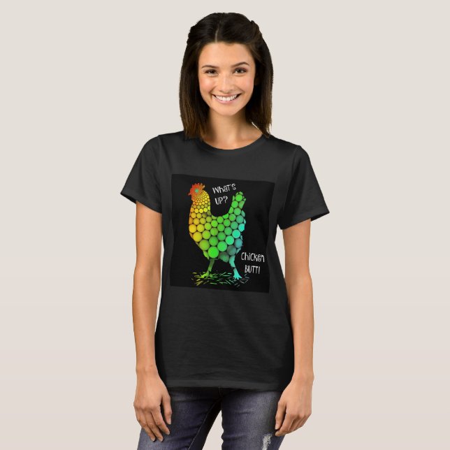 T-shirt Qu'est ? Bout de poulet (sur le noir) drôle (Devant entier)